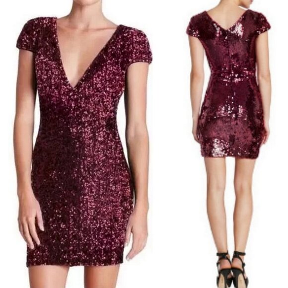 Dress The Population Zoe Sequined Mini Stretch Dress in Garnet Red - Picture 1 of 6